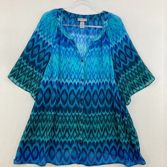 Catherines Maggie Barnes size 2X Blue Abstract Split Neck Soft Flowy Button Up - Picture 1 of 9